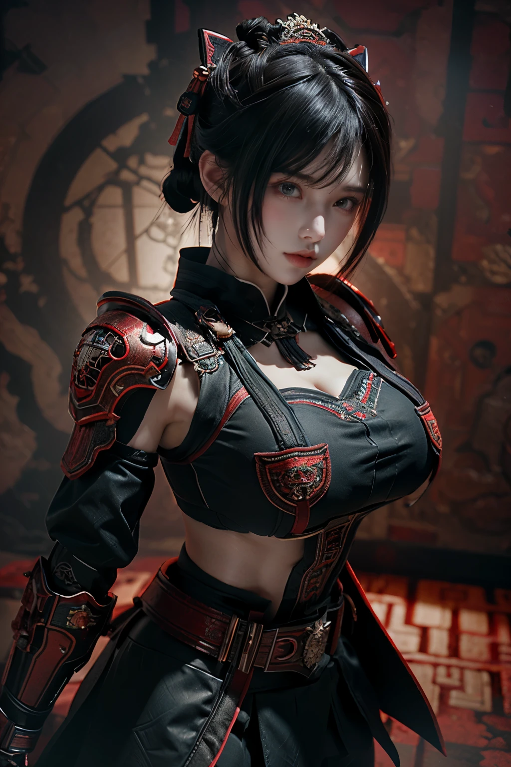 Masterpiece,Game art,The best picture quality,Highest resolution,8K,(Portrait),Unreal Engine 5 rendering works,(Digital Photography),
Girl,Beautiful pupil,(Gradual short hair is blue and red),Busty,(Big breasts),(Portrait photography:1.5),
(A chivalrous woman in Tang Dynasty),Casual hairstyle,Delicate faces,(Full breasts,Big breasts),Serious,Cool and elegant,(Wearing combat armor combined with the characteristics of ancient Chinese clothing,A complex pattern,Mysterious light,Hollow Armor),(Red and black),Ancient fantasy style characters
Movie lights，Ray tracing，Game CG，((3D Unreal Engine))，oc render reflection texture