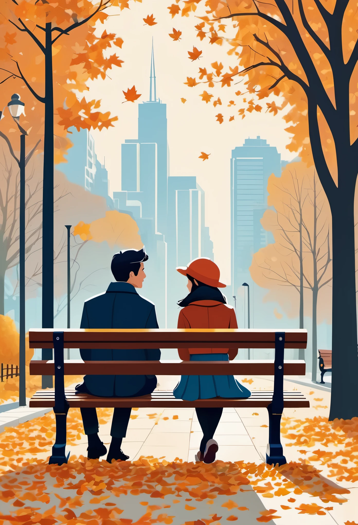 （（（Vector illustration））），Flat coating，（（Celluloid style）），（children illustration），side view，fallen leaves，Couple on park bench，（（minimalist art）），8K，masterpiece，Rich details