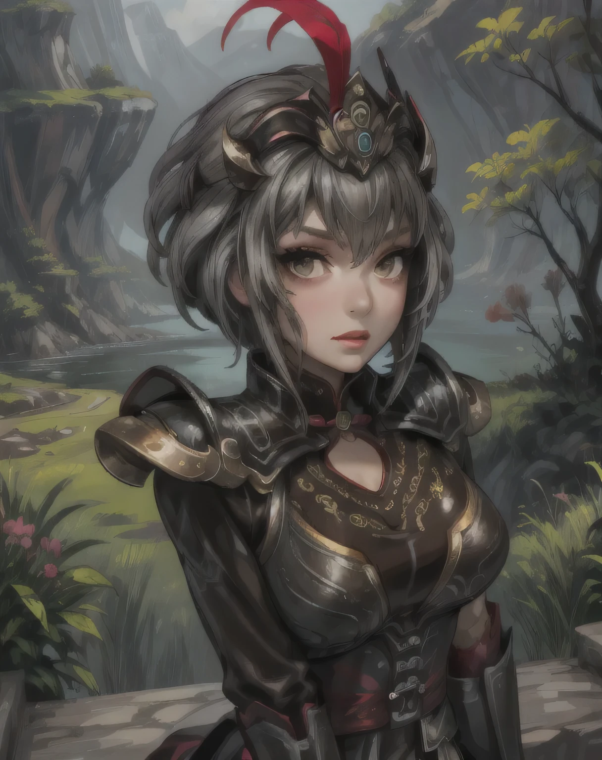 best quality, (masterpiece:1.2), illustration, absurdres, (1girl, solo), (beautiful detailed girl), Lu Lingqi, grey hair, brown eyes, short hair, headpiece, feathers, armored dress, shoulder armor, black skirt, thigh boots, armored boots, gloves, grassy mountains, trees, japanese architecture, river, plants,, hands between legs, (upper body, portrait),, looking at viewer, confident, proud,
