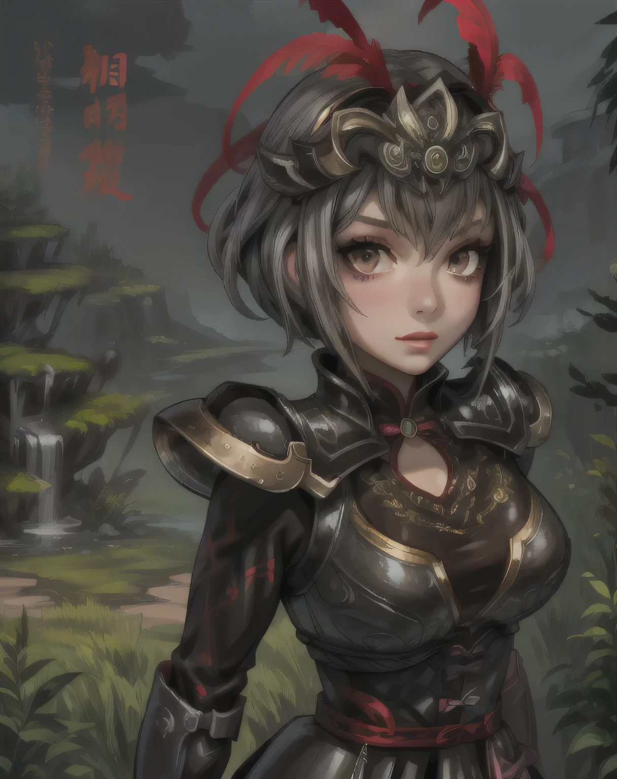 best quality, (masterpiece:1.2), illustration, absurdres, (1girl, solo), (beautiful detailed girl), Lu Lingqi, grey hair, brown eyes, short hair, headpiece, feathers, armored dress, shoulder armor, black skirt, thigh boots, armored boots, gloves, grassy mountains, trees, japanese architecture, river, plants,, hands between legs, (upper body, portrait),, looking at viewer, confident, proud,
