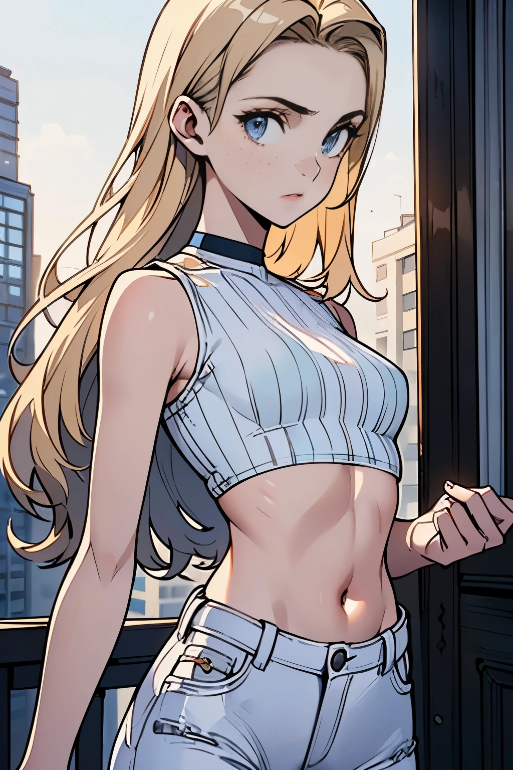 photo of 1girl in, teenager, Solo, Aesthetic artwork, (blond, straight blonde hair, super long blonde hair:1.35),  ((portrait)), ((light blue eyes, small freckles, pale skin:1.2)), (thin hips, thin waist, runners body: 1.25),  (A-cup, small breasts: 1.4), (wearing a tight ((white)) crop top, blue skinny jeans wearing stripes: 1.5)), (high detailed apartment balcony in the city: 1.3), (realistic photo, best quality, detailed), (8k wallpaper), (cinematic lighting, dramatic lighting) (sharp focus, intricate)