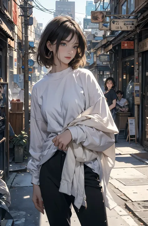 Photo of a beautiful woman standing on a street corner, Perfect model body shape, Stylish pants style, Stylish shirts, sunglasse...