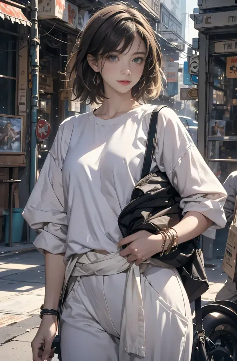 Photo of a beautiful woman standing on a street corner, Perfect model body shape, Stylish pants style, Stylish shirts, sunglasse...