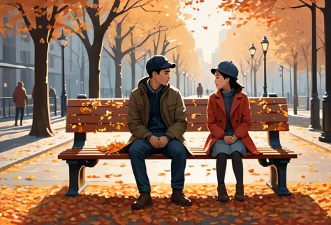 （（（Vector illustration））），Flat coating，（（Celluloid style）），（children illustration），side view，fallen leaves，Couple on park bench，...