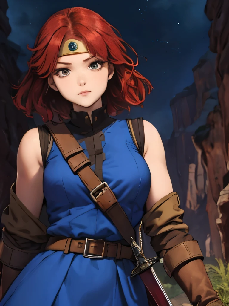 highest quality、slightly red haired woman、Brave、Holding a sword on his back、Sleeveless blue dress、big brown belt、brown boots、The background is a canyon on a moonlit night