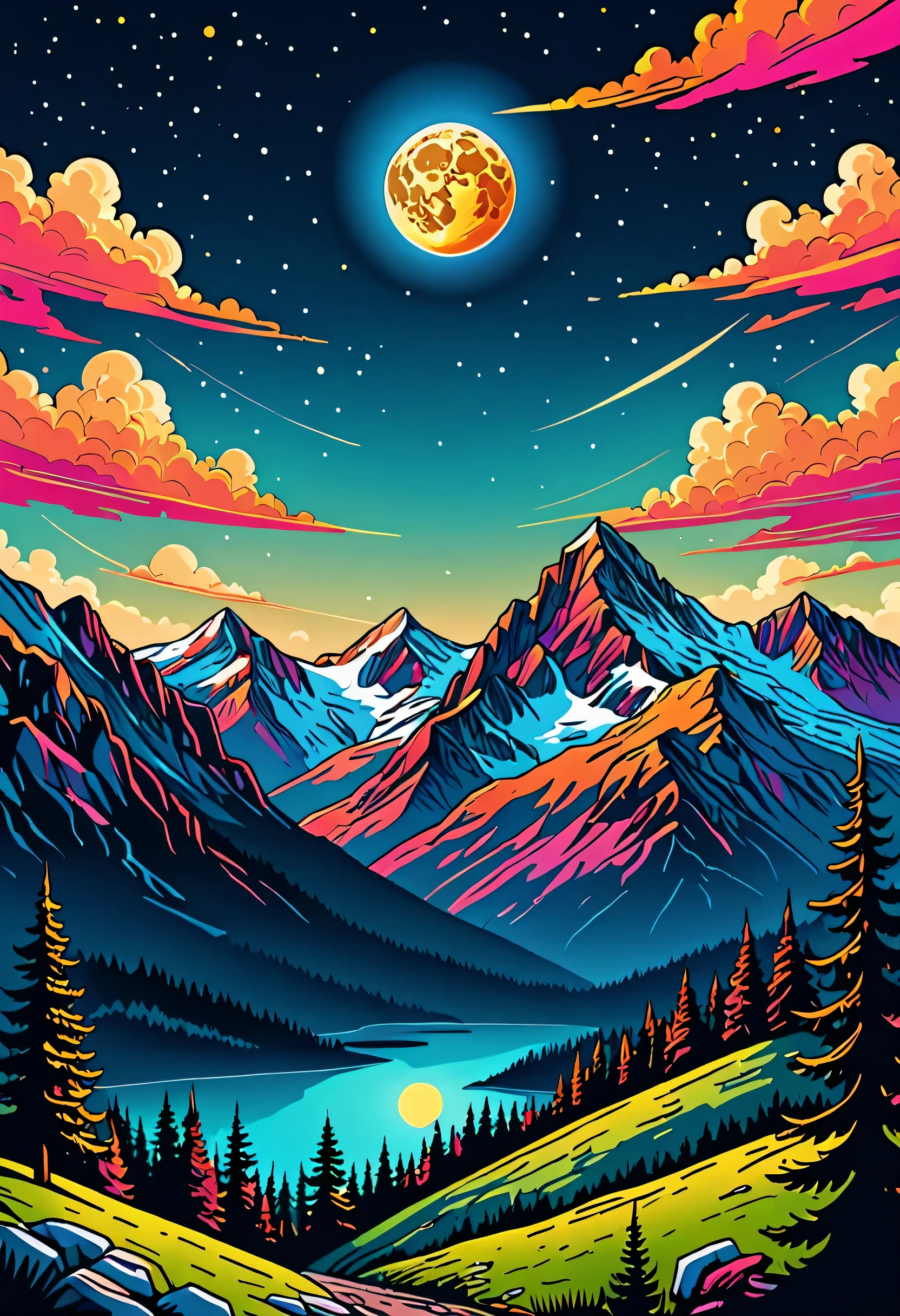 ultra detailed mountain vector art, detailed sky vector background, detailed moon vector background,

2D vector illustration, vector art, vector, vibrant color,

masterpiece, professional work, trending on behance, dribbble,