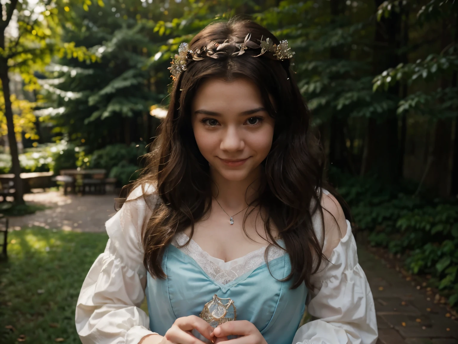 (Brett Cooper smiling),(Disney's princess cosplay),(beautiful,very detailed),(cinematic),(photorealistic),vibrant colors,soft lighting,dreamlike atmosphere,fairytale setting,magical snowflakes,delicate lace dress,enchanted forest,storybook quality,expressive eyes,rosy cheeks,elegant pose,graceful movements,ethereal beauty,evoke a sense of wonder,attention to small details,dynamic composition,emotionally captivating,pure and innocent demeanor,fantastical elements,evokes nostalgia and enchantment