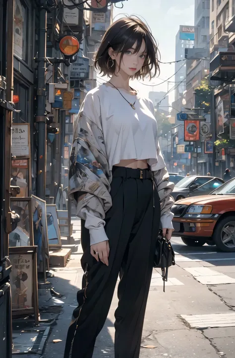 Photo of a beautiful woman standing on a street corner, Perfect model body shape, Stylish pants style, colorful shirt, sunglasse...