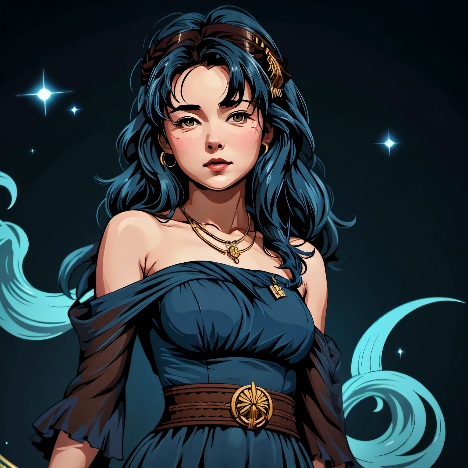 best quality, mastery, detailed hair, highres, (((yunyun))) ,necklace, hair ornament, (Beautiful face), blue dress, looking at viewer, blue hair, standing, （Above the waist），Medusa,vector