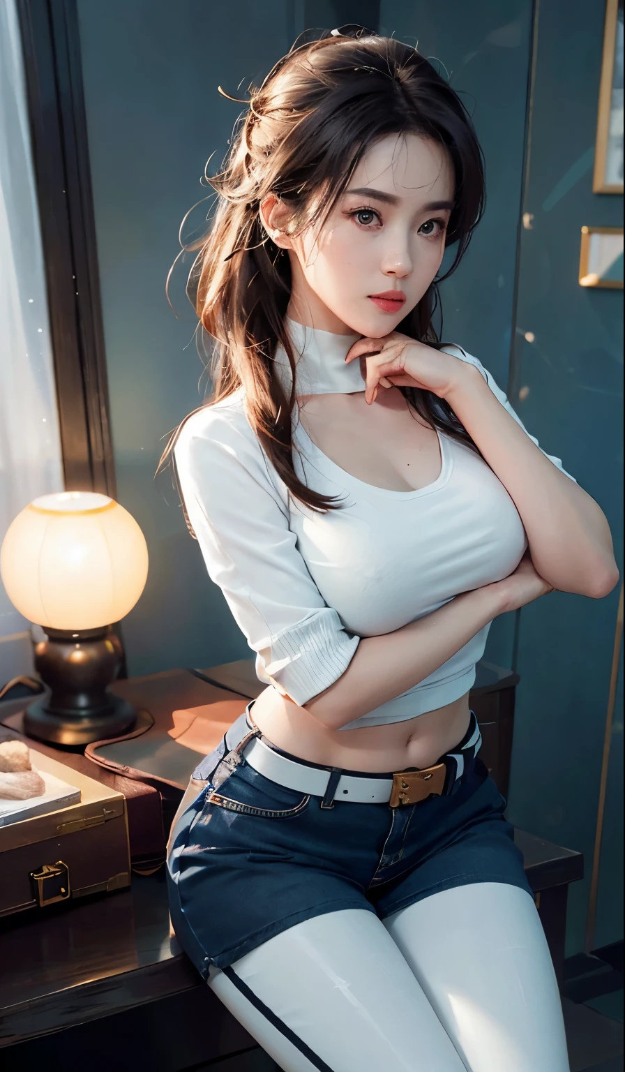 1个Giant Breast Girl， beautiful eyes，red face，lips slightly open，full, symmetrical breasts，Protruding buttocks，Tight sweatshirt，White tight yoga pants，camel toe，The lines between the thighs are very delicate，white sneakers，black hair，high ponytail，belt，Tattoos are，orbit，garden，jungle，lake，Chest close-up，hips close， high dynamic range（high dynamic range）， Ray tracing， nvidia RTX， Super resolution， Unreal 5， subsurface scattering， PBR texture， post processing， Anisotropic filtering， Depth of field for maximum clarity and sharpness on any layer texture， Albedo and highlight maps， surface coloring， Accurately simulate the interaction of light with materials， Render by Octane， Two-tone lighting， Low ISO， white balance， rule of thirds， Large aperture， 8K raw data， Highly efficient sub-pixels， sub-pixel convolution， （glowing particles：1.4）， {{masterpiece， best quality， extremely detailed cg， Unity 8k Wallpaper， 。.3d， movie lighting， lens flare glow}}，