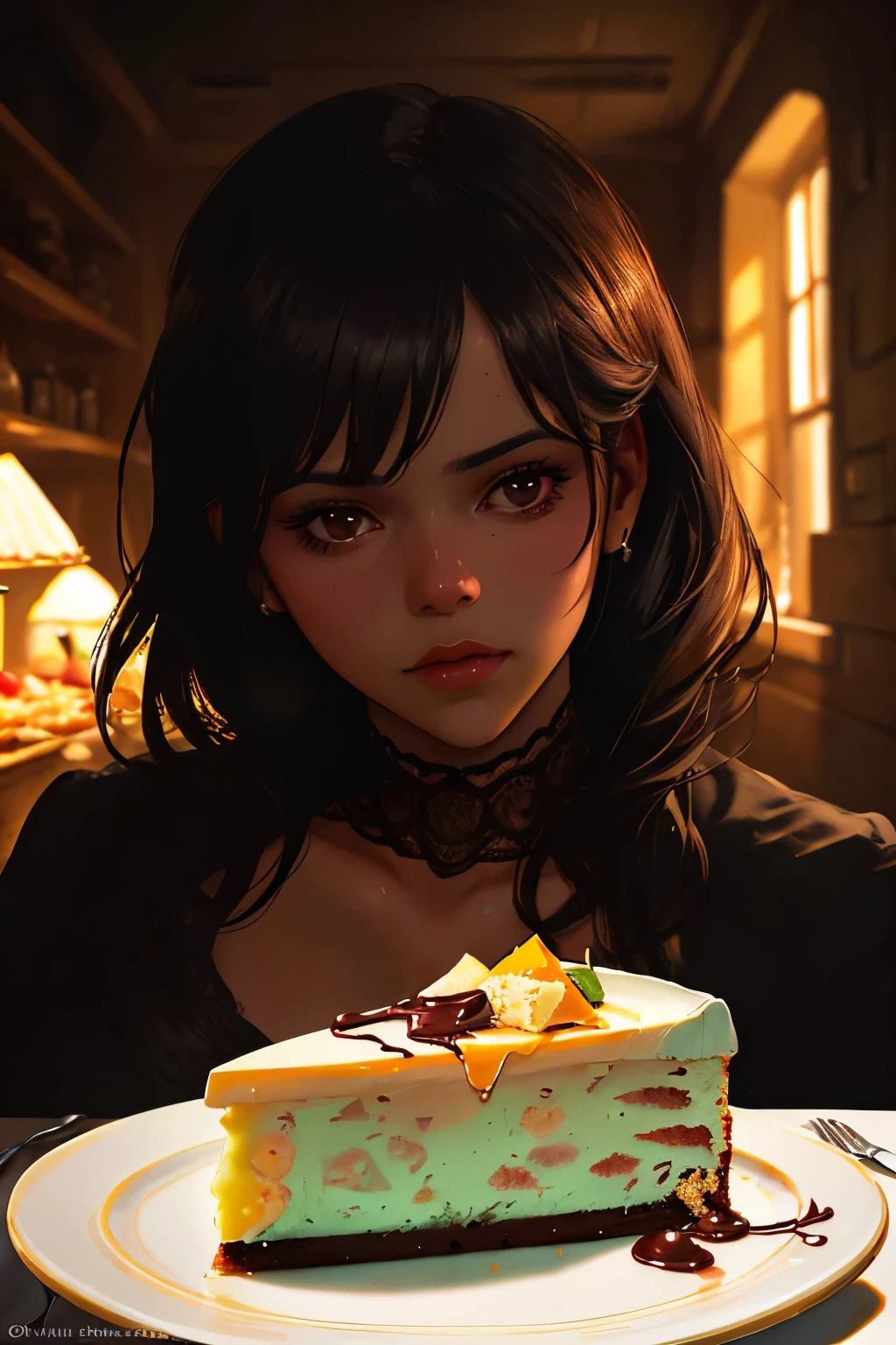 Photorealistic Appetizing slice of cherry cheesecake with chocolate, delicious, fragrant, close-up, highly detailed, intricate detail, raw photo, lifelike rendering, immersive atmosphere, chiaroscuro, moody lighting, jortega ((covered in cheese cake))