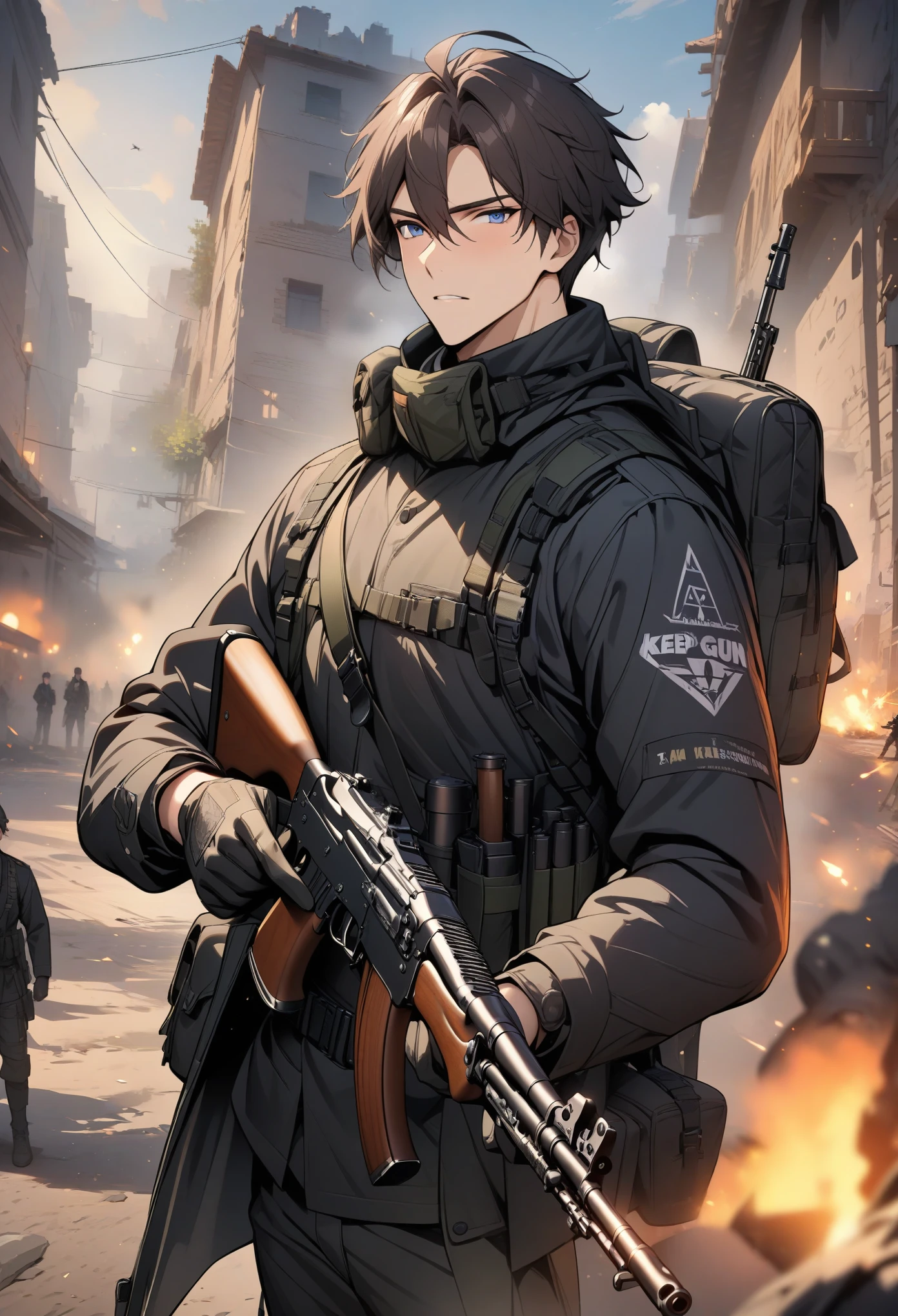 masterpiece, best quality, 1 boy, Cowboy shooting, exquisite eyes, Uniform,  AK 47, AKM, Kalashnikov_rifle, assault_rifle, Keep_gun