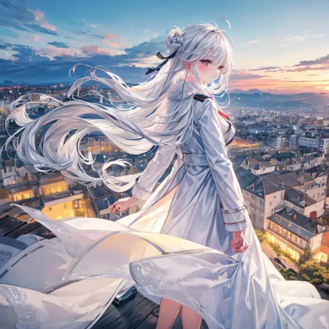 white hair, back view of girl, white coat,  city view, overlooking the city, view from the top of the cliff, exhilaration, wallp...