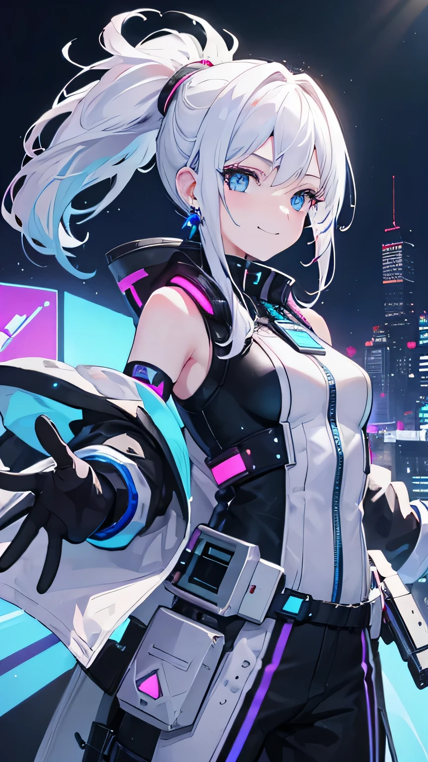 1 girl, solo, colorful, blue eyes, cyberpunk, cityscape, moon background, peace sign, earrings, ponytail hair, white hair, waving arms, beautiful lights, character focus, CG illustration, bust shot, white color jacket, black sleeveless gloves, black transparent mouth veil, 8k resolution, very detailed, anatomically correct, digital painting, concept art, clear picture, loving smile