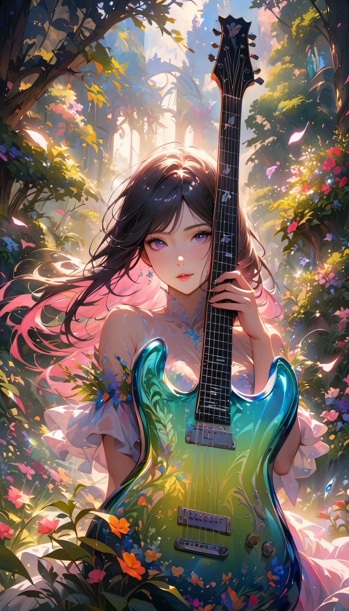 (best quality,4k,8k,highres,masterpiece:1.2),ultra-detailed,realistic,crystal-clear guitar carving,translucent morning of spring,sunlight reflection on guitar,body details,delicate strings,vibrant color palette,sculpting tools,hourglass figure,sound holes,elegant curves,polished surface,delicate engravings,effects of light and shadow,subtle reflections,shimmering surface,sparkling gemstones,flower petals falling,floral patterns,emerald accents throughout,transparent springtime essence,ethereal atmosphere,peaceful garden background,serene ambiance,morning dew,soft sunlight filtering through trees,lush greenery,vividly colored blossoms,harmonious blend of nature and art,impeccable craftsmanship,transcendent beauty,awe-inspiring artwork