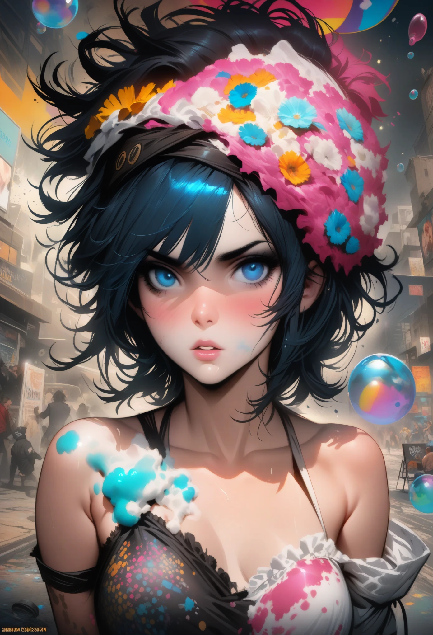 samdoesarts style drunken beauties like delirium in sandman, (Colorful soap bubbles that create hallucinations), author：Jeremy Mann, by Sandra Chevrier, author：Dave McCann (Dave Mckean)、Richard Avedon (Richard Avedon) and Maciej Kuciara (Maciej Kuciara), Punk rock, girl, high detail, 8K