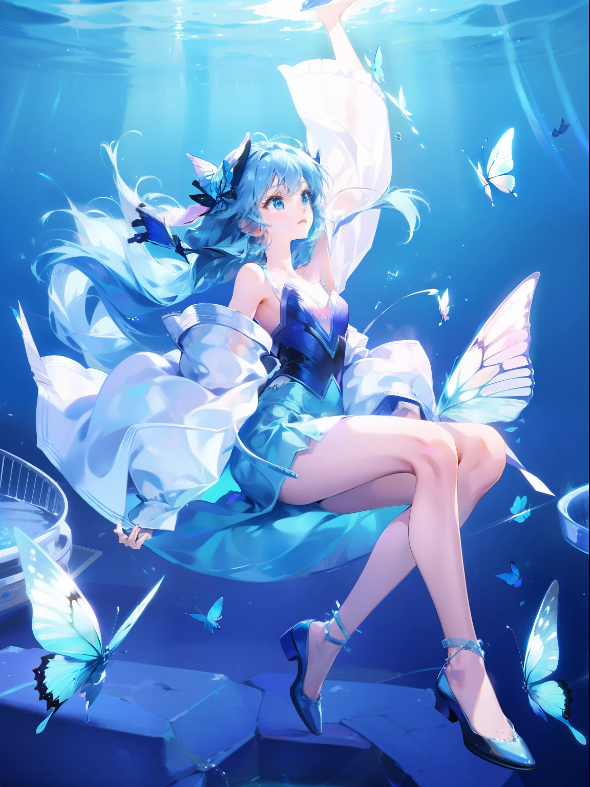 1 girl，clear water，blue butterfly，Pure white gauze skirt，sparkling，sit in the air
