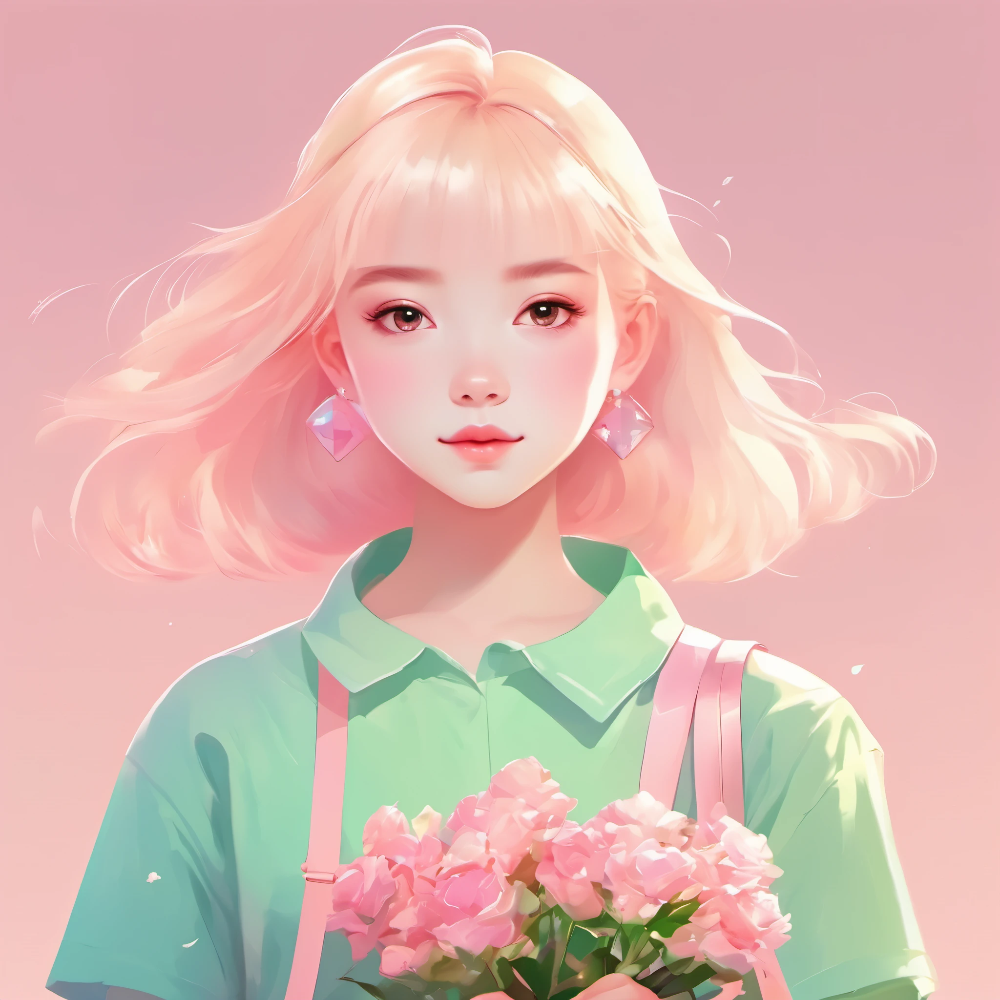 flat illustration，Minimalism，Geometry，abstract Memphis，anime portrait，close shot，holding a bouquet of flowers in hand，focus on face，little girl wearing light green shirt，Short pink skirt，Holding flowers in hand，Light pink canvas bag on shoulder，Long platinum blonde hair，Lane Blue Background，style expression，celluloid