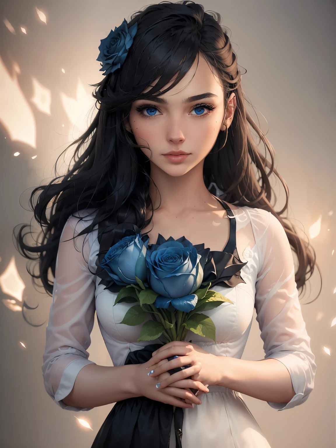 1girl,solo,blue flower,flower,blue eyes,blue rose,rose,holding,constellation,looking at viewer,parted lips,black hair,portrait,lips,eyelashes,bangs,light particles,realistic,holding flower,blurry,