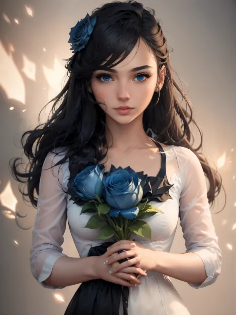 1girl,solo,blue flower,flower,blue eyes,blue rose,rose,holding,constellation,looking at viewer,parted lips,black hair,portrait,l...