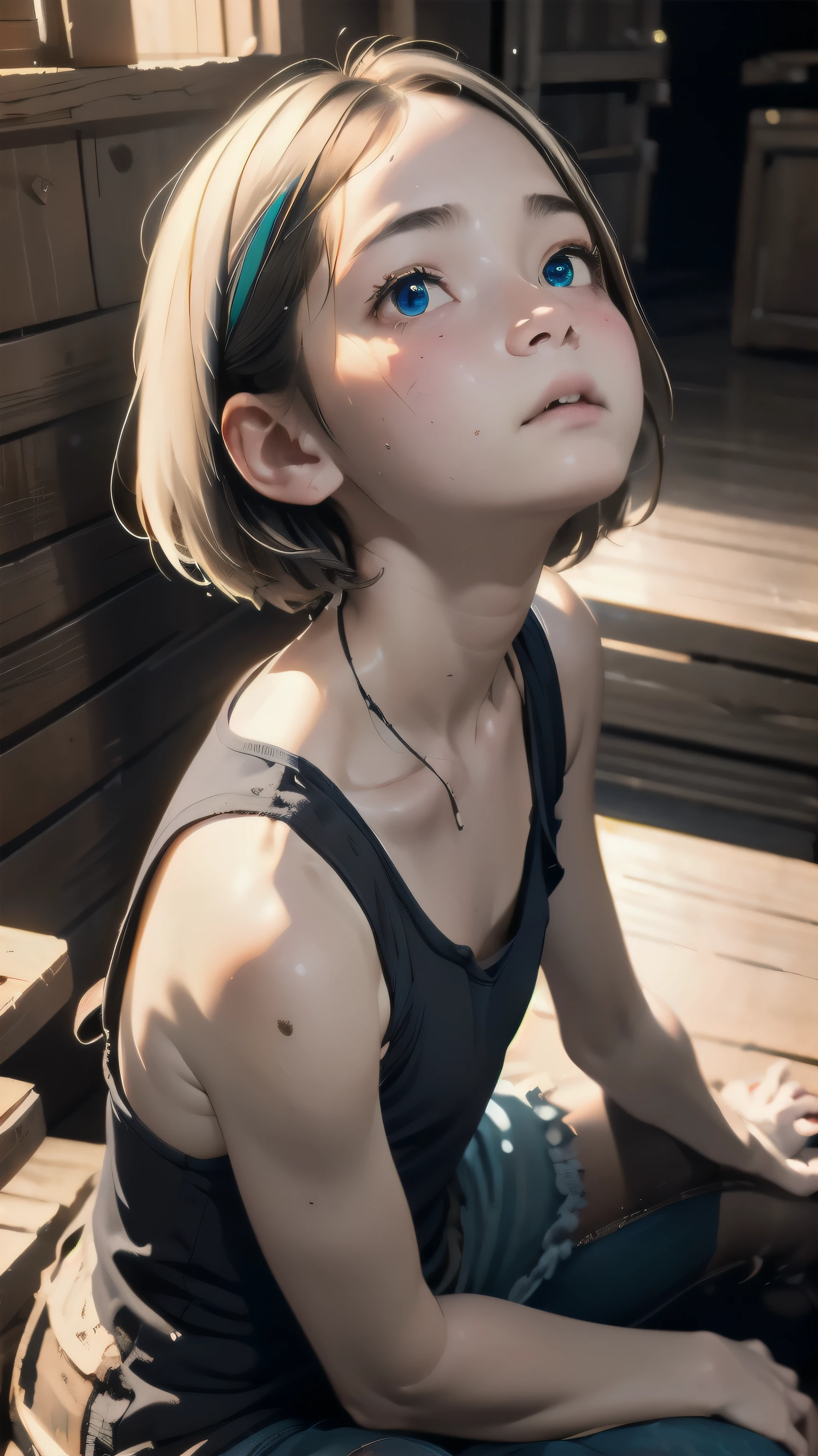 highest quality, (dramatic lighting:0.7), masterpiece, high angle shot, raw photo of (11 year old girl with short pale hair, looking up at the audience), cute, (Wearing tattered combat fatigue, confused), (Sitting in the tank), portrait, perfect face, enchanting eyes, vivid details, (very detailed肌),, software, (bluish:0.6), (dirty:0.8), (Bloodstained:0.7), key lighting, (Backlight:0.5), medium depth of field, Photographed with Canon 5D, 50mm lens, f/4 apertures, (very detailed, intricate details), sharp focus, calm colors, 8k, confused, 8mm film grain, war pictures