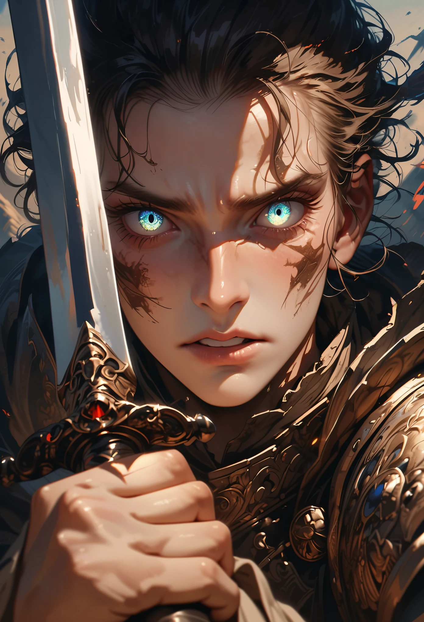 (best quality,4k,8k,highres,masterpiece:1.2),ultra-detailed,portrait of a general with a sword (beautiful detailed eyes,beautiful detailed lips,extremely detailed eyes and face,longeyelashes),holding a sword with both hands,committing seppuku,dramatic and intense expression,shiny and sharp sword,detailed armor,medieval battlefield in the background,historical-war painting style,contrasting light and shadow,warrior spirit,strong and determined,sepia tone.