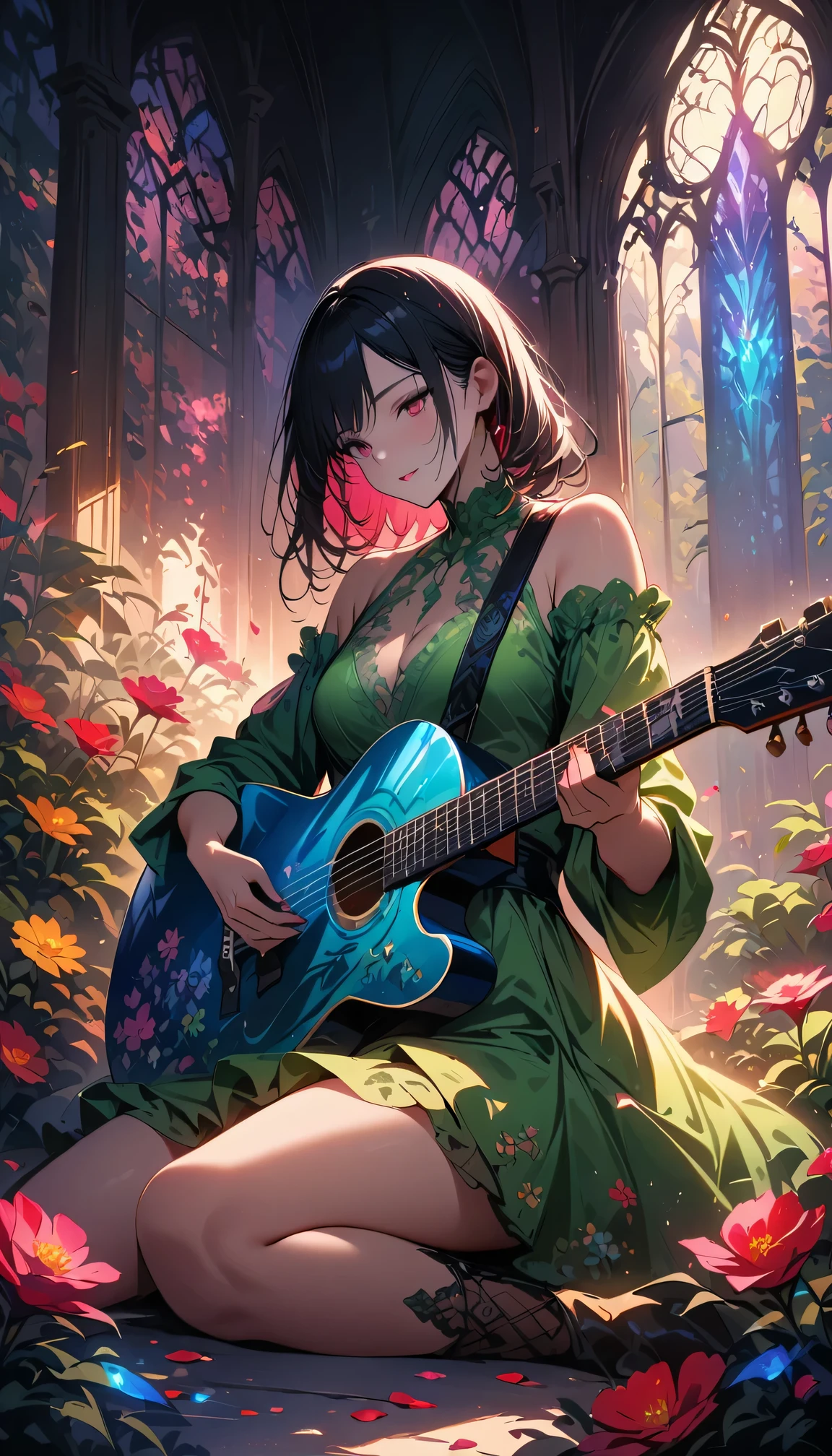 (best quality,4k,8k,highres,masterpiece:1.2),ultra-detailed,realistic,crystal-clear guitar carving,translucent morning of spring,sunlight reflection on guitar,body details,delicate strings,vibrant color palette,sculpting tools,hourglass figure,sound holes,elegant curves,polished surface,delicate engravings,effects of light and shadow,subtle reflections,shimmering surface,sparkling gemstones,flower petals falling,floral patterns,emerald accents throughout,transparent springtime essence,ethereal atmosphere,peaceful garden background,serene ambiance,morning dew,soft sunlight filtering through trees,lush greenery,vividly colored blossoms,harmonious blend of nature and art,impeccable craftsmanship,transcendent beauty,awe-inspiring artwork