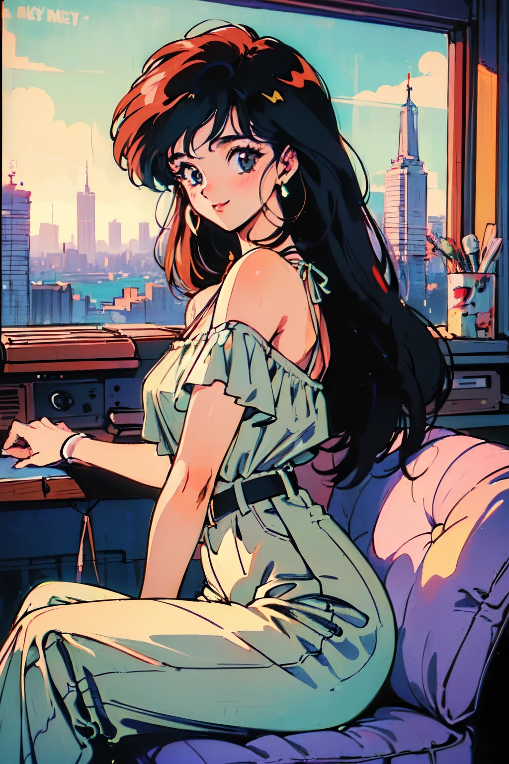 (80's, retro, city pop poster:1.5), (album cover), (masterpiece, highest quality, intricate details), (anime, figure), (pastel colour:1.3), Best Photo Poses, dynamic angle,
girl, alone, smile, perfect detail eyes, delicate face,
City scene, City of night, Tokyo, high fashion, 