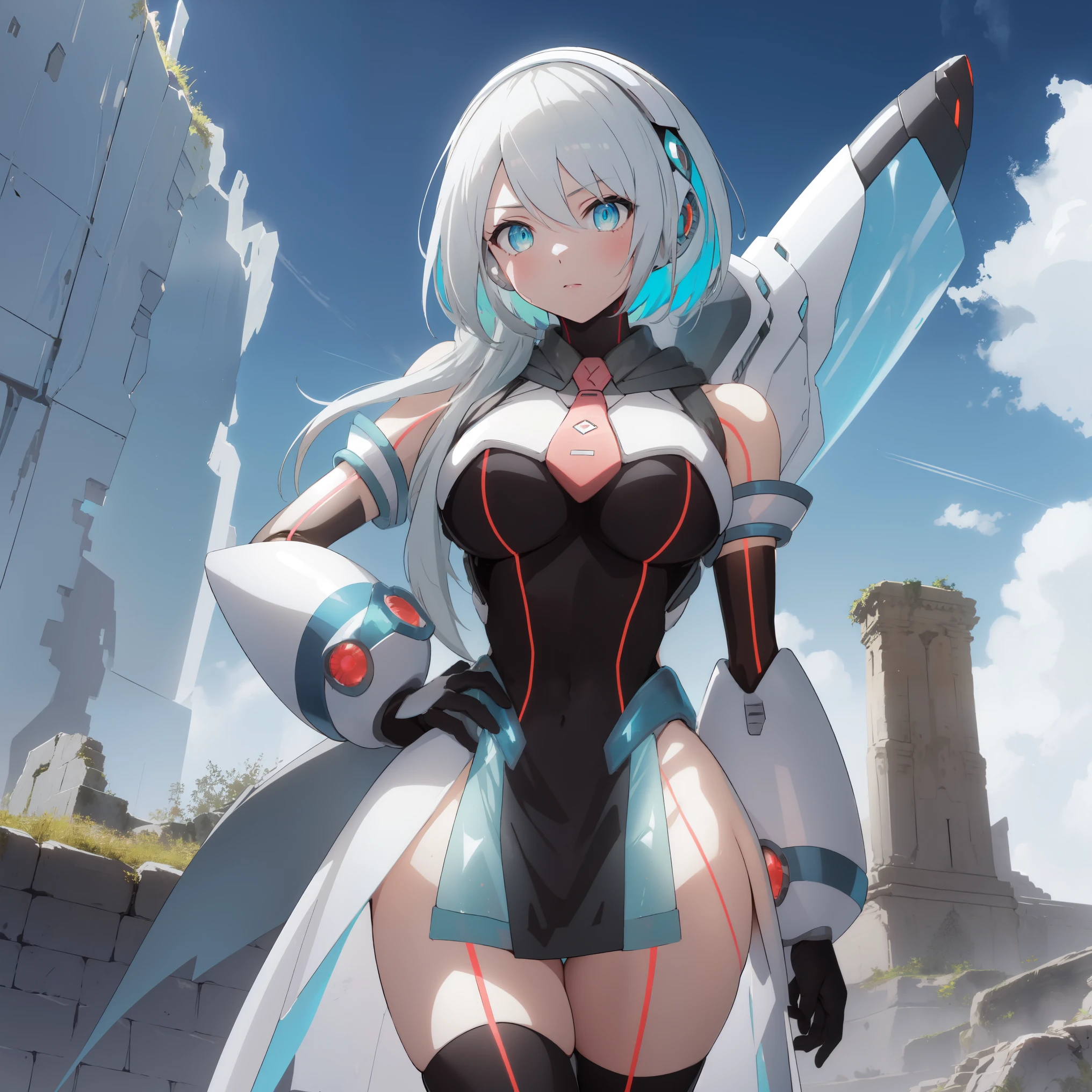 ico_megamanxdive, 1girl, blue eyes, solo, white hair, android, large breasts, black gloves, short hair, thighhighs, necktie, high quality, masterpiece, standing on a hill with mountains around him, in the style of anime art, imposing monumentality, translucent immersion, grandeur of scale, i can't believe how beautiful this is, light black and azure, grandiose ruins