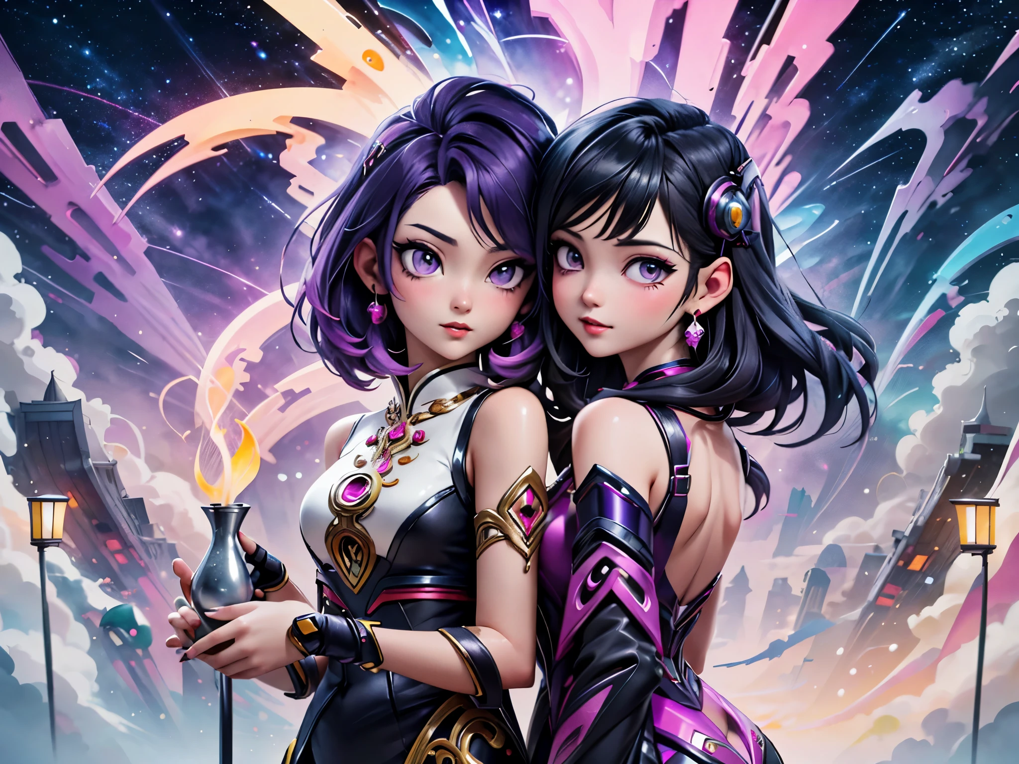 Anime - style illustration of two women with purple hair and black hair., Beautiful sisters in traditional Thai clothing, wearing black and pink sashes., Arrogant demeanor, Magnificent and majestic, Steam Punk City on Background, Detailed digital anime art, Gouache style art, artgerm artgerm and wlop, Argerm style, High quality 8k detailed artwork. , There is a Cyber Punk skyscraper in the background., Aurora, Crescent moon, Many shooting stars in the sky, Loy Krathong Festival,Chiang Mai , Lanna style, night time, full moon, Many floating lanterns in the sky, Thai architecture 2D , faded picture ,vintage color, lined, Very high quality work , Very high detail , There are many types combined.... , Animation, 4k, attitude, vintage style , Thailand