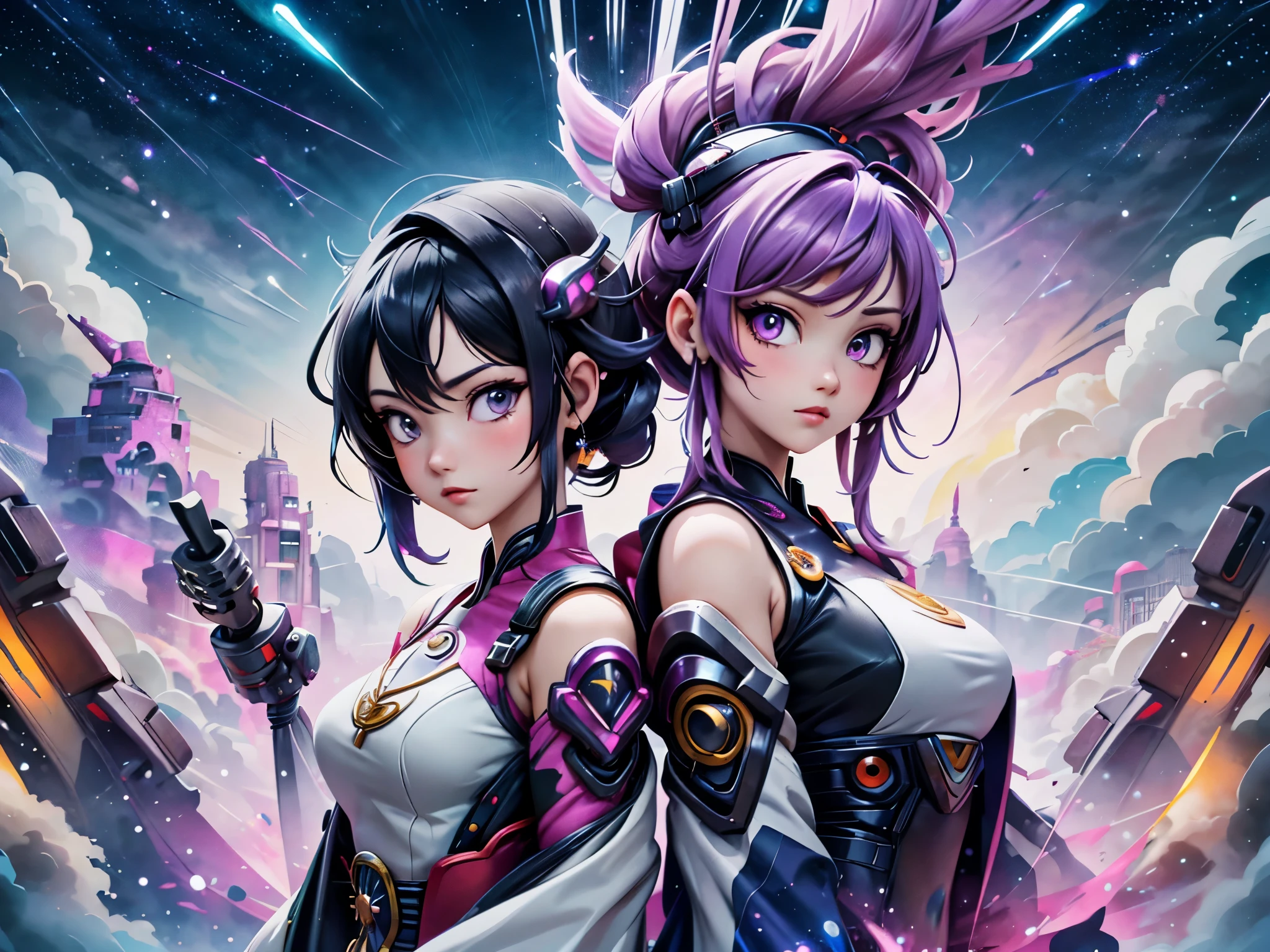 Anime - style illustration of two women with purple hair and black hair., Beautiful sisters in traditional Thai clothing, wearing black and pink sashes., Arrogant demeanor, Magnificent and majestic, Steam Punk City on Background, Detailed digital anime art, Gouache style art, artgerm artgerm and wlop, Argerm style, High quality 8k detailed artwork. , There is a Cyber Punk skyscraper in the background., Aurora, Crescent moon, Many shooting stars in the sky, Loy Krathong Festival,Chiang Mai , Lanna style, night time, full moon, Many floating lanterns in the sky, Thai architecture 2D , faded picture ,vintage color, lined, Very high quality work , Very high detail , There are many types combined.... , Animation, 4k, attitude, vintage style , Thailand