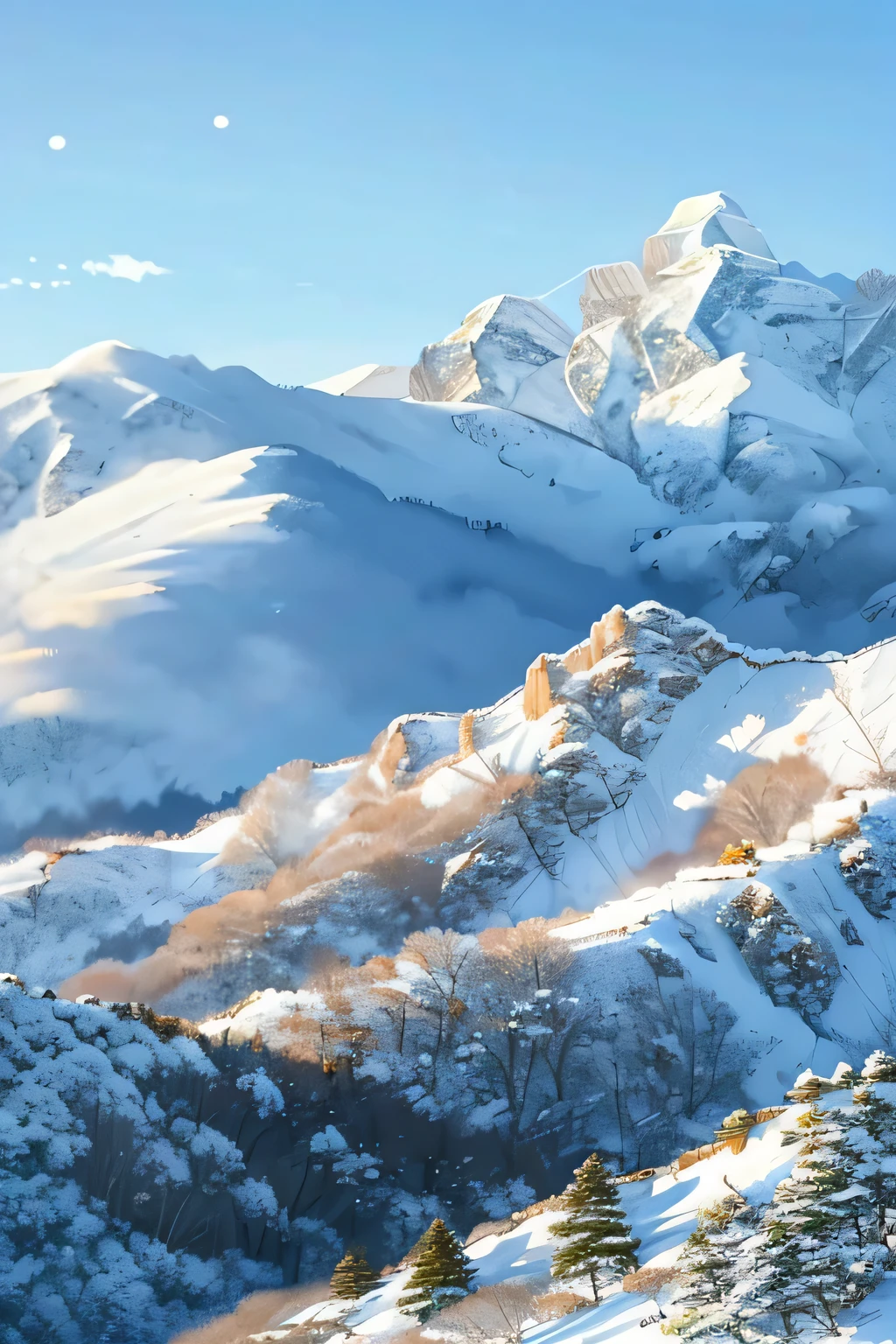 Snowy mountains are quiet：
Continuous mountains，covered with thick white snow，Presenting a silent snow scene。the peaks are towering，It is as if connected to heaven and earth，Showing the magnificence and solemnity of the snow-capped mountains。