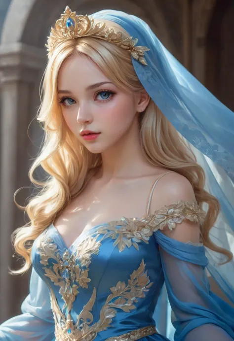 blonde woman in a blue dress with a veil on her head, beautiful fantasy maiden, detailed fantasy art, beautiful fantasy art, blo...