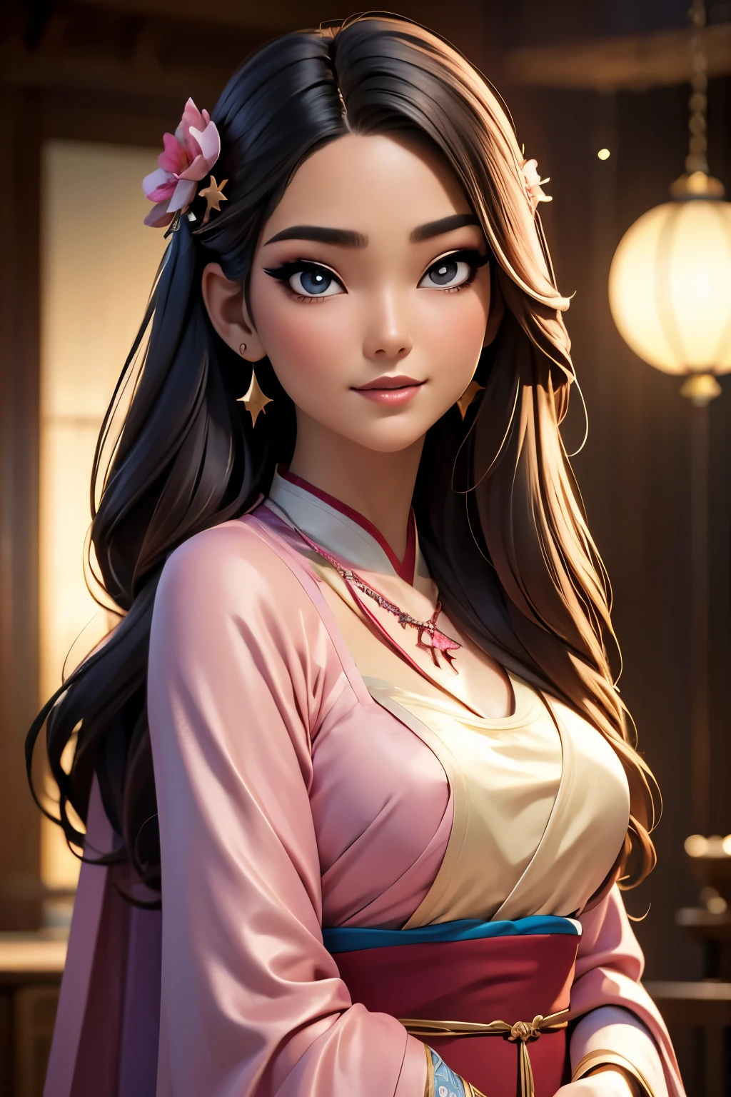 best quality, masterpiece, highres, 1girl,blush,(seductive smile:0.8),star-shaped pupils,china hanfu,hair ornament,necklace, jewelry,Beautiful face,upon_body, tyndall effect,photorealistic, dark studio, rim lighting, two tone lighting,(high detailed skin:1.2), 8k uhd, dslr, soft lighting, high quality, volumetric lighting, candid, Photograph, high resolution, 4k, 8k, Bokeh