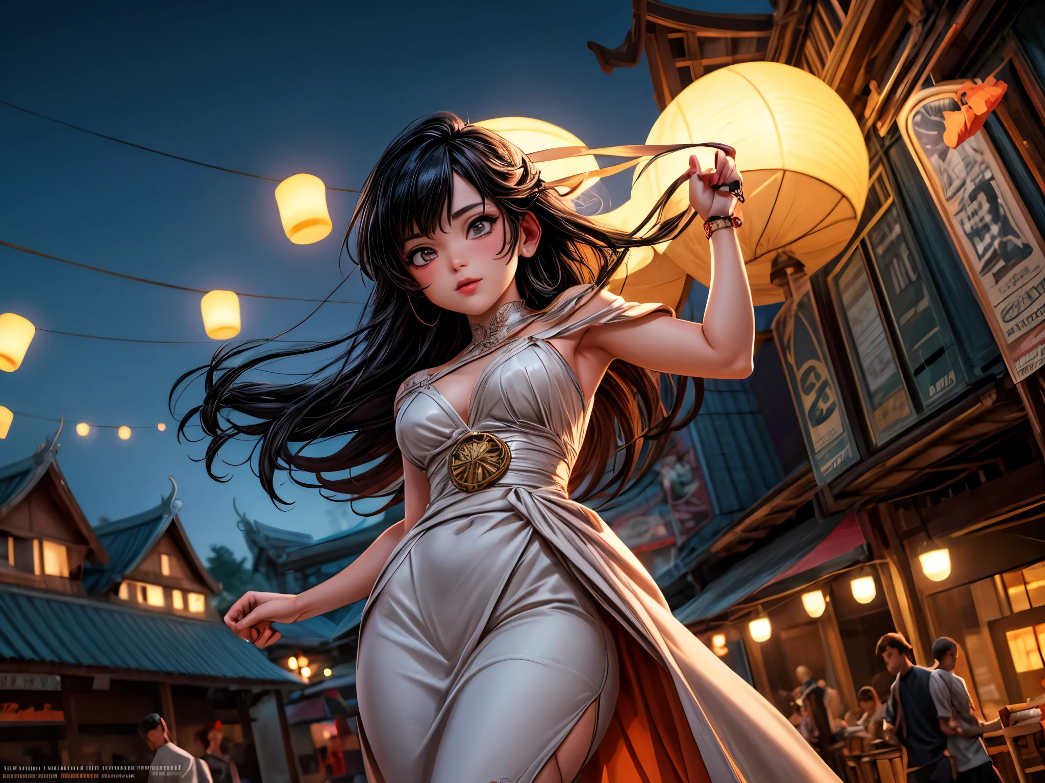 Anime - Nu, Retrato nu de uma mulher de cabelos pretos, comportamento arrogante, Magnífico e majestoso, Cidade Steam Punk no fundo, arte digital detalhada de anime, Arte estilo guache, Artgerm Artgerm e WLOP, Estilo Argerm, arte detalhada de 8k de alta qualidade. , Há um arranha-céu Cyber Punk ao fundo., Aurora, Crescent moon, Muitas estrelas cadentes no céu, Festival Loy Krathong,Chiang Mai , Estilo Lanna, período noturno, lua cheia, Muitas lanternas flutuantes no céu, Arquitetura tailandesa 2D , imagem desbotada ,cor vintage, forrado, Trabalho de altíssima qualidade , Detalhe muito alto , Existem muitos tipos combinados.... , animação, 4K, atitude, estilo vintage , Tailândia