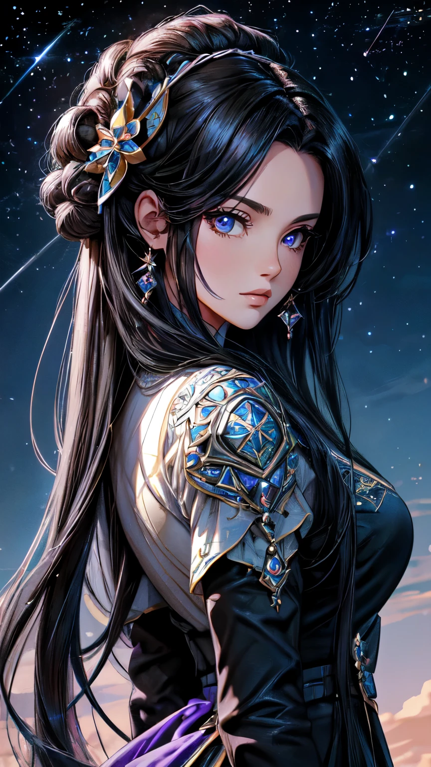 "(((obra-prima))), melhor qualidade, ultra-detallhado, High resolution CG image with a beautiful woman with long black hair with bright violet eyes like detailed constellations, retratados em detalhes fascinantes. rosto delicado, lips closed, boca fechada (Dutch angle), rosto avermelhado, His delicate body is accurately represented at every angle. Ela possui longos cabelos preto que caem suavemente sobre seu vestido. The upper part of his body is sculpted to perfection. " detailed face, detailed eyes, full body