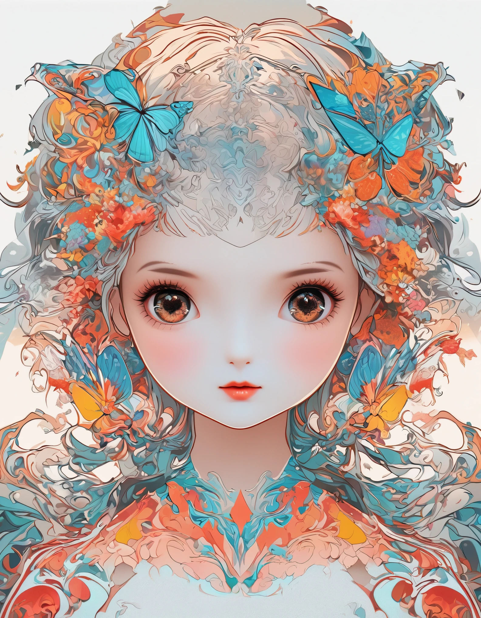 girl，portrait，vector art，vector art：1.2，floral pattern：1.1，geometric elements，sharp lines，X-ray，neon color，beautiful eyes，color palette，line art，Hair and butterfly transformation，Symmetrical balance，Fantasy elements，dreamy atmosphere，Geometric symmetry，soft light，ethereal，White background，Moderate：digital illustration。