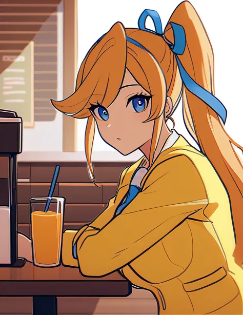 aacykes, hair ribbon, 
necktie, yellow jacket, yellow skirt,
1girl, cafe, orange juice, straw,
masterpiece, best quality