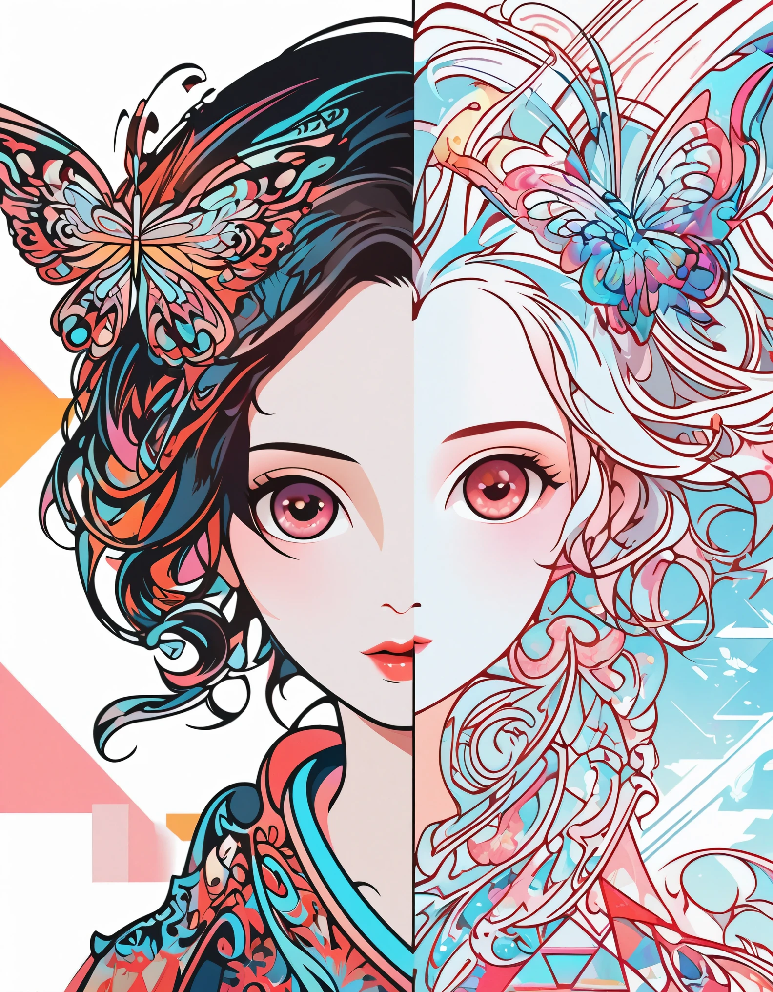 girl，portrait，vector art，vector art：1.2，floral pattern：1.1，geometric elements，sharp lines，X-ray，neon color，beautiful eyes，color palette，line art，Hair and butterfly transformation，Symmetrical balance，Fantasy elements，dreamy atmosphere，Geometric symmetry，soft light，ethereal，White background，Moderate：digital illustration。