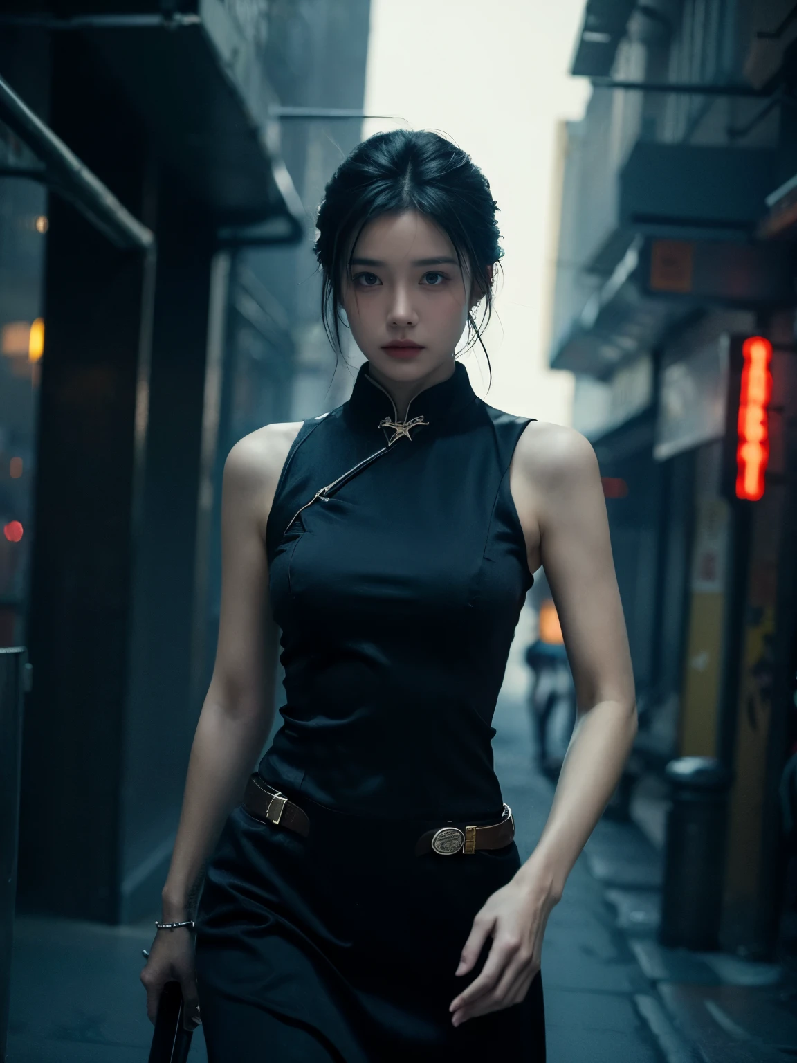 (cowboy:1.4), tech noir, calm cyberpunk style, dark cyberpunk atmosphere, 1 girl, half updo, sad, look down, black silk sleeveless cheongsam, masterpiece, best quality, realistic digital art, detailed clothe