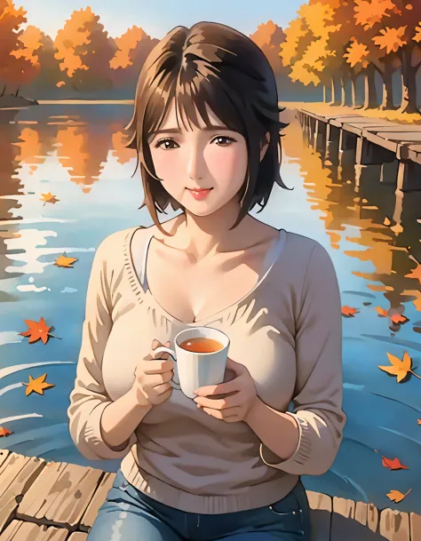 (best quality,4k,8k,high resolution,masterpiece:1.2),super detailed,actual,autumn scenery,girl reflected in the lake,colorful le...