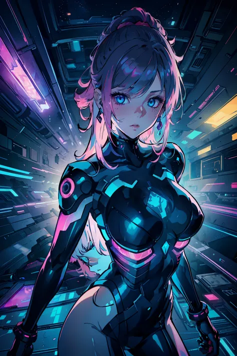 closeup, 1 girl, alone, [dark blue and pink hair: blue and pink hair:0.2], cyberpunk, high tech, v, mechanical parts, looking at...