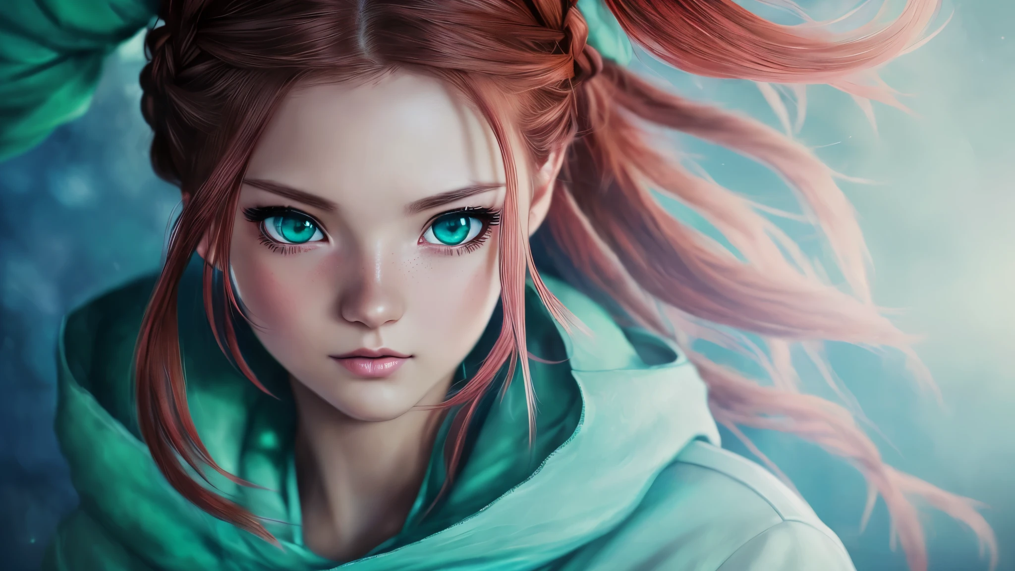 anime, hda, Close-up of a woman holding ((red braided low ponytail hair)) and (((The most beautiful green eyes))) in (((blue clothes))), (((determined)), 8K, Unreal Engine 5, octane rendering, by Kyun, nervous, Yoon Gon-Ji, g.to, boy, schloop, Severe, Dormitory, Noah, trending on pixiv, fun box, Skeb, masterpiece, detailed face, smooth soft skin, dreamy big eyes, beautiful intricate colored hair, symmetrical, anime wide eyes, soft lighting, concept art, digital painting, 