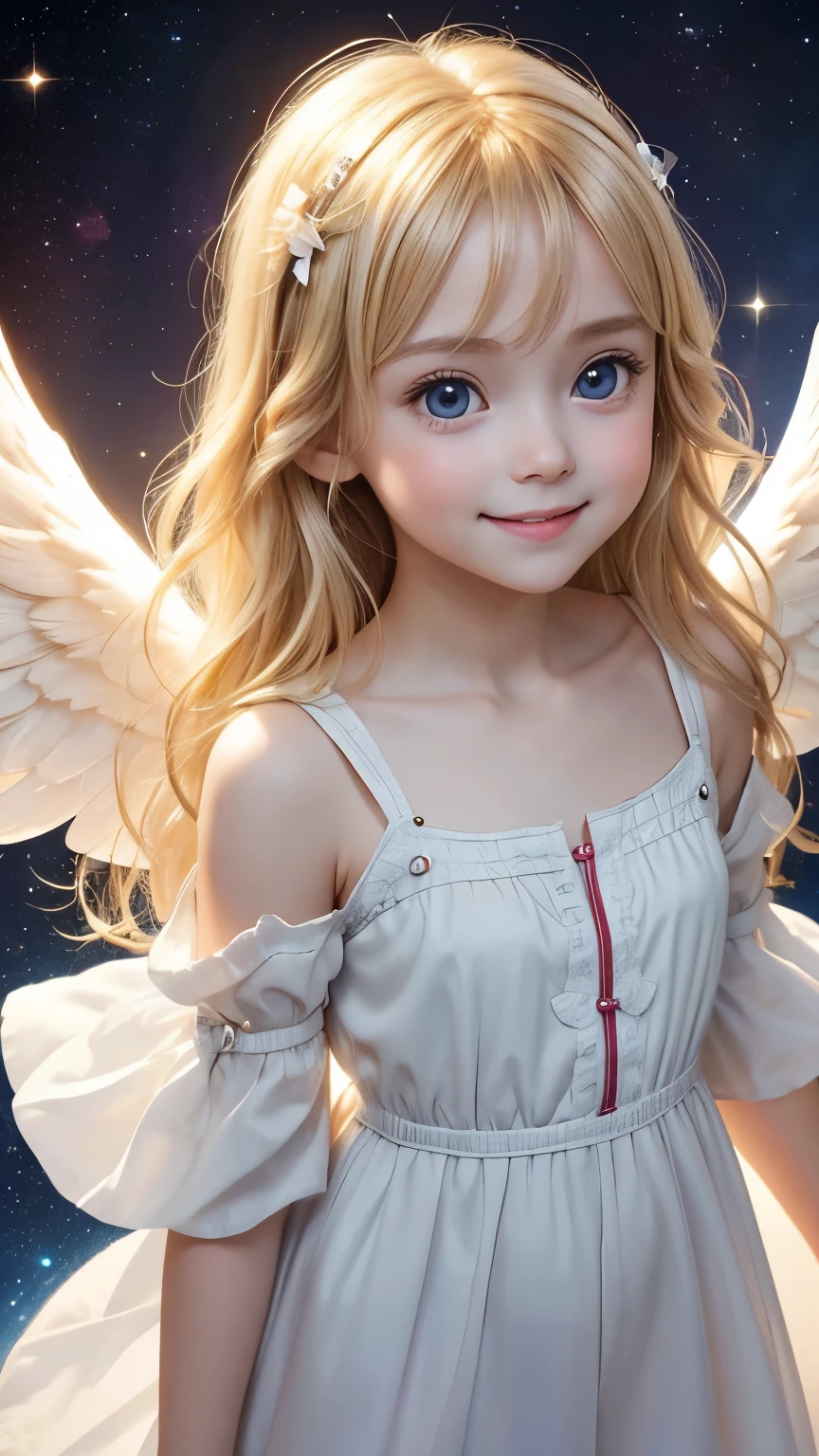 The body is facing straight ahead towards the camera., looking at viewer, from above:1.2, little toddler angel, smile, big eyes, blonde, Neat and loose dress with sleeves, A dazzling light from behind, Angel wings on the back, god々A brightly shining space background, Prayer-like pose, Super realistic