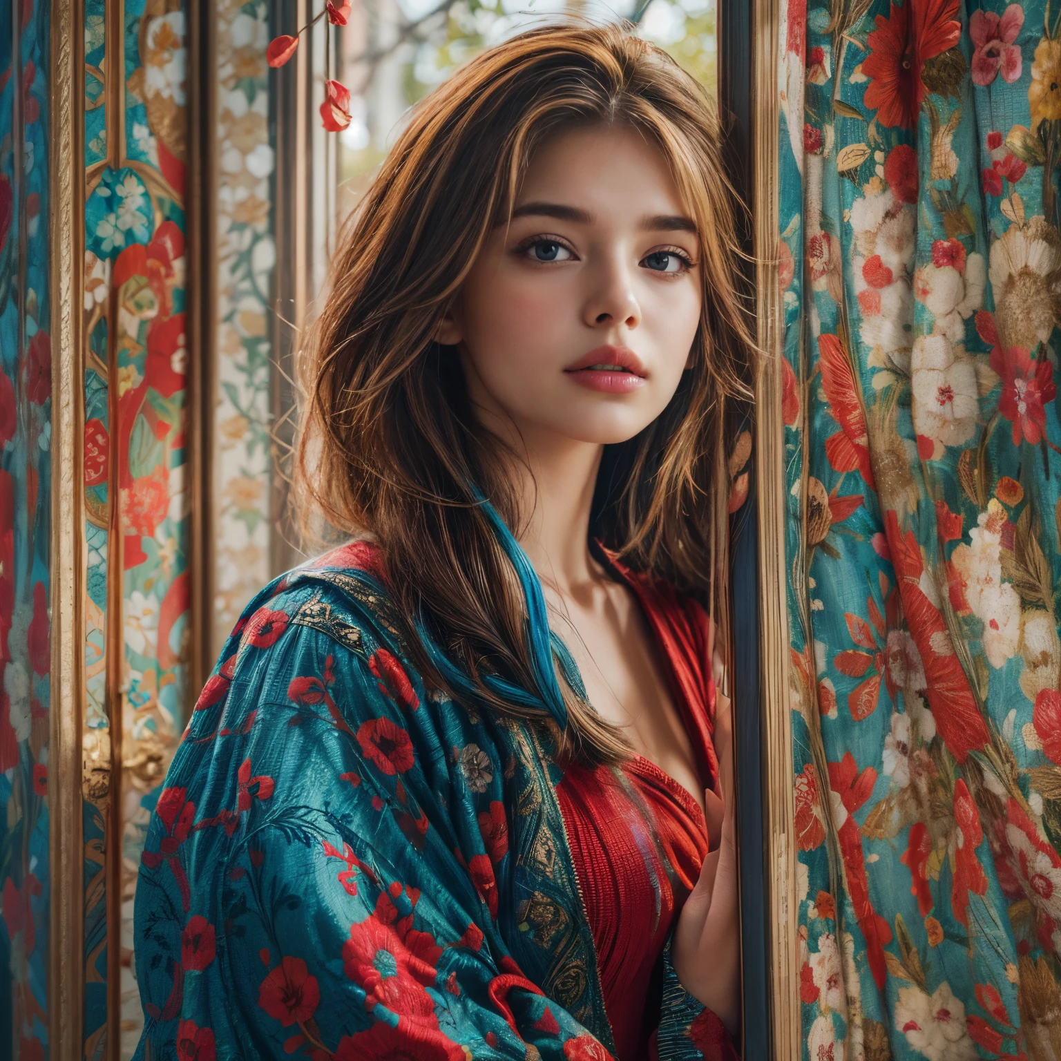 (Best Quality, 4K, 8K, High Resolution, Masterpiece: 1.2), (Super Detailed, Realistic, Photorealistic:1.37)A captivating young girl, donning a striking ensemble of red and blue, stands before a window with an air of toughness and determination. Her enchanting eyes are exquisitely detailed, capturing every glimmer and depth, while her lips boast a meticulous beauty that is both captivating and alluring. The level of detail extends to her entire face, each contour and feature meticulously rendered to perfection, creating a sense of hyper-realism that draws the viewer in. 

The girl's attire, reminiscent of oil painting art, is a work of art in itself. The fabric, skillfully crafted to resemble vibrant brushstrokes, adds a touch of dynamism to her overall appearance. It is a true reflection of the artist's talent, showcasing a mastery