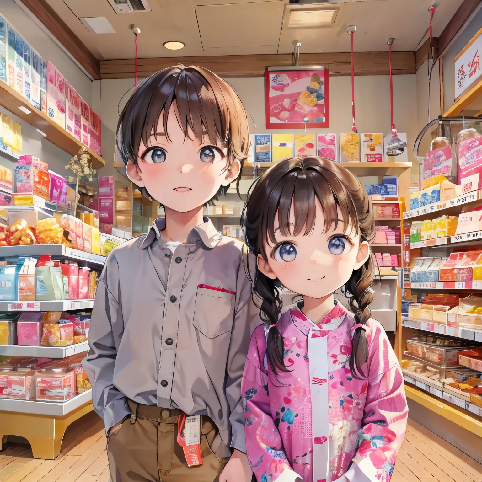 1 Korean 5-year-old boy, 1 Korean 5-year-old girl,Beloved,cute,looking at the viewer,smile,neat clothes ,product display stand background,stationery store background,the background looks good,subtle,very realistic,Free Pose,매우 subtle 얼굴, Detailed and smooth skin, beautiful face, masterpiece, highest resolution, best quality,perfect face,bright lights, Natural-looking poses,Enjoying sweets,