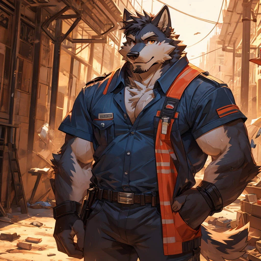 masterpiece, best quality, furry, wolf, handsome, detailed eyes, masculine, sweaty, construction worker, bara, musk, musky, construction site, construction outfit,topless