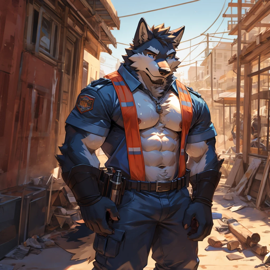 masterpiece, best quality, furry, wolf, handsome, detailed eyes, masculine, sweaty, construction worker, bara, musk, musky, construction site, construction outfit,topless