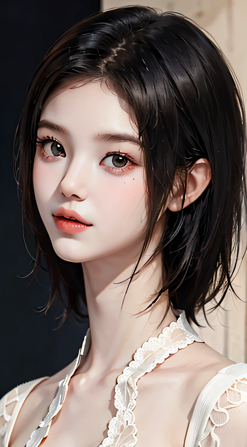 (((NSFW1.5))), 20 year old woman、black haired、(top fade:1.3)、dark theme、calm tone、calm colors、high contrast、(natural skin texture、hyper realism、soft light、sharp)、(Masseter muscle part:1.3)、(8K、Photoreal、RAW photo、highest quality: 1.4)、beautiful expression、(lifelike face)、beautiful hairstyle、realistic eyes、beautiful details、（real looking skin）、beautiful skin、（black lace bodysuit）、absurd、attractive、超A high resolution、surreal、high detail、golden ratio、Huge 、Supermodel