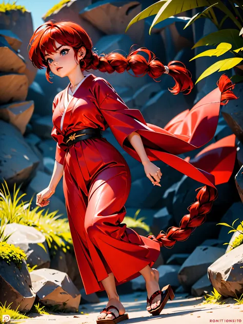 Garota anime ruiva com ears fix e vestindo kimono vermelho, 16 anos, corpo bonito, seios grandes, with hands behind head, runnin...